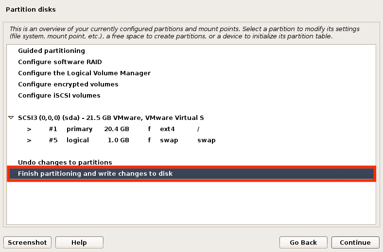 finish partitioning and write changes to disk