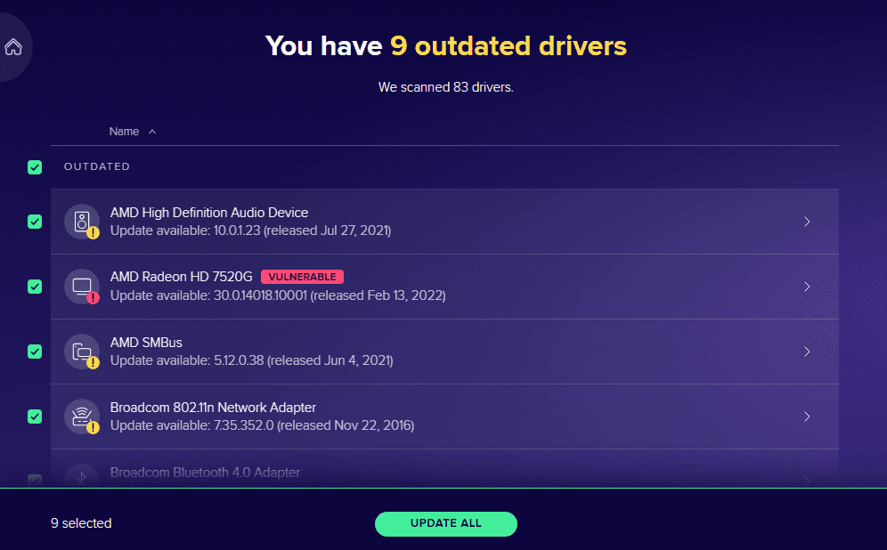 Outdated driver detection
