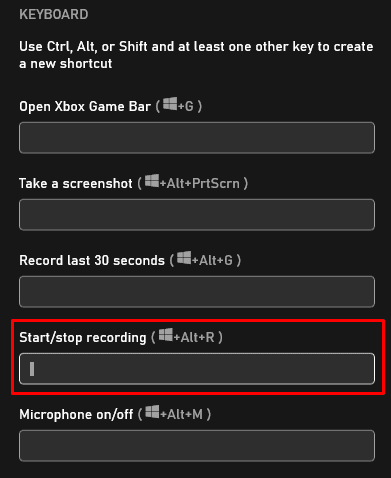 Specifying shortcut for gameplay recording