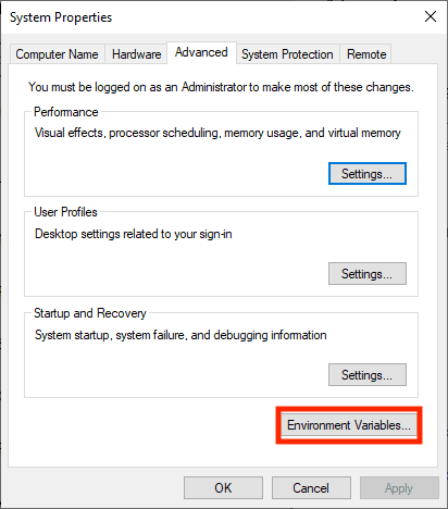 under the advanced tab select environmental variables