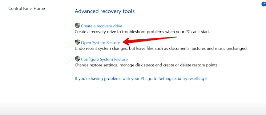 Clicking on "Open System Restore"