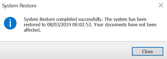System Restore process finished