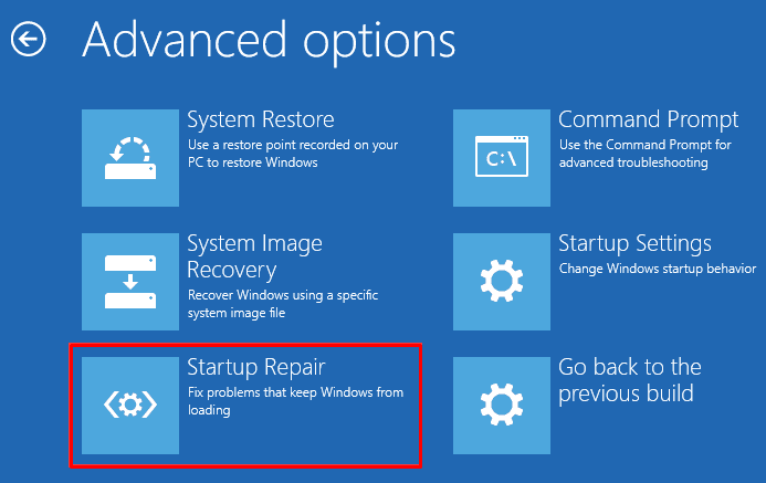 Selecting "Startup Repair"