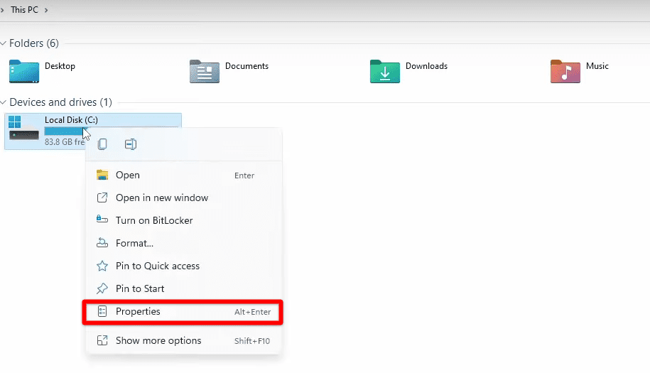 Accessing the "Properties" of the hard drive