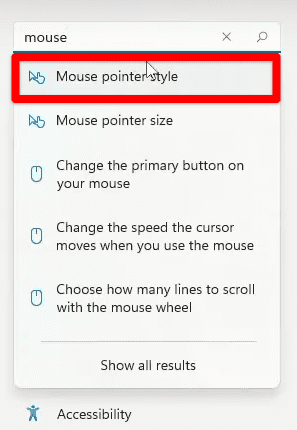 Clicking on "Mouse pointer style"