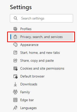 Clicking on "Privacy, search, and services"