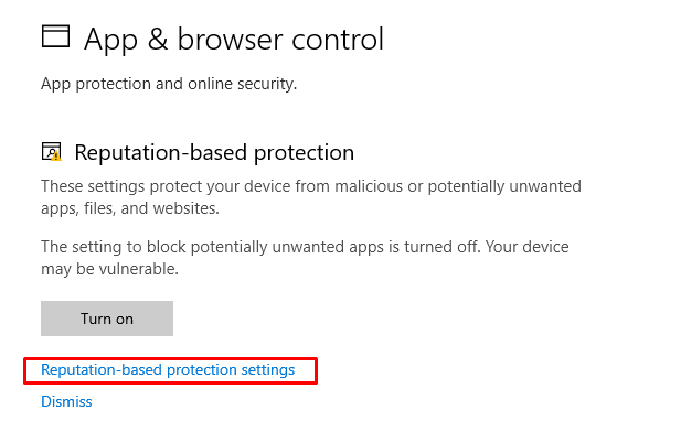 Clicking on Reputation-based protection settings"
