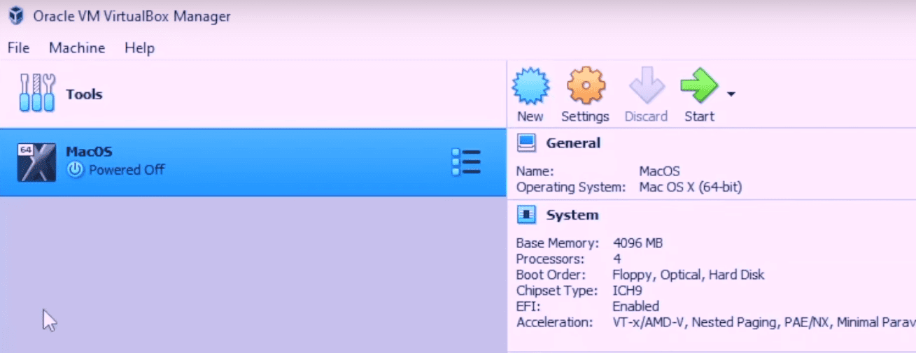 MacOS in the Oracle VM VirtualBox Manager
