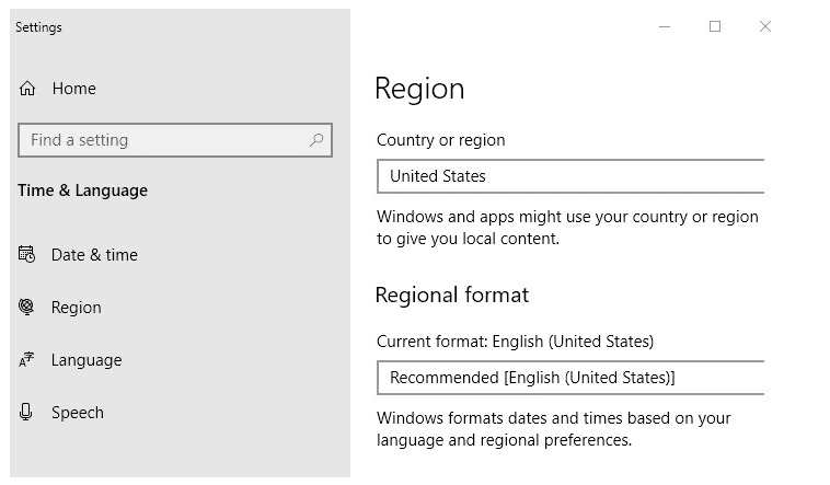 region settings
