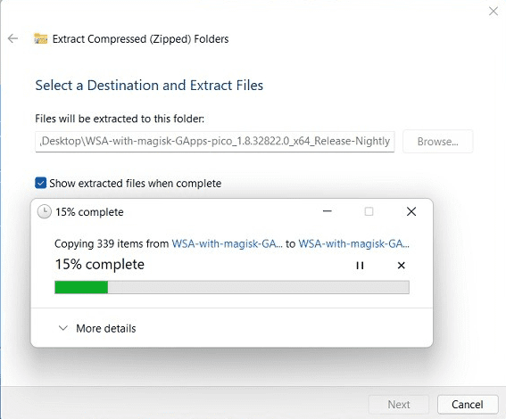 select destination & extract files