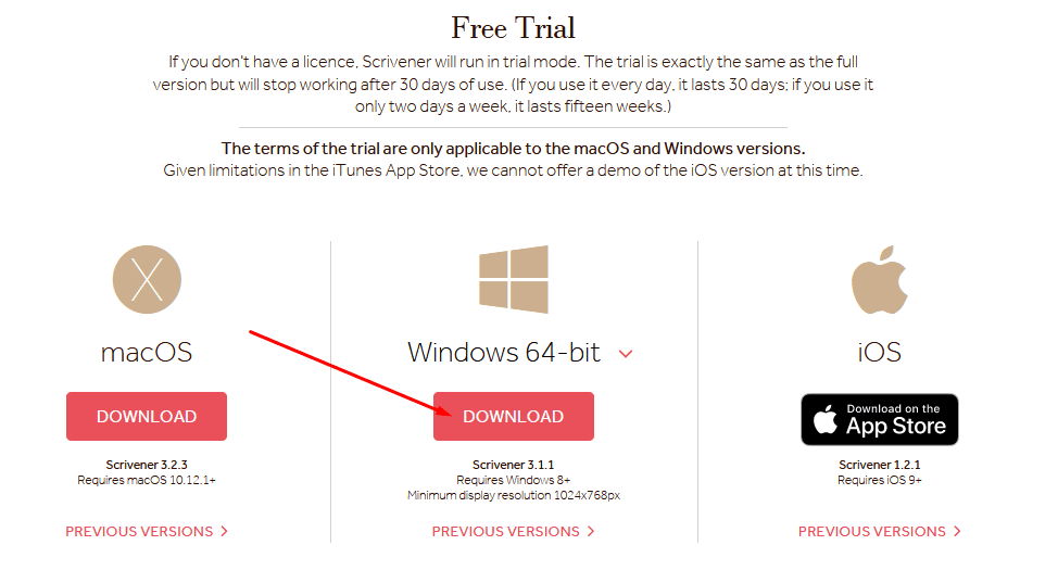 Downloading the free trial of Scrivener