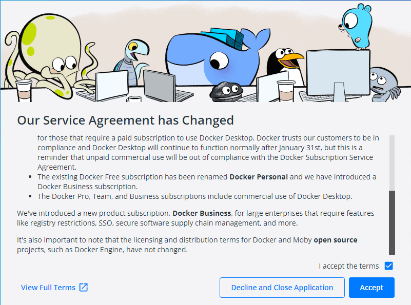 agree to the docker service agreement