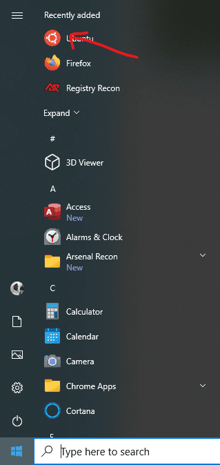 ubuntu distro on the start menu