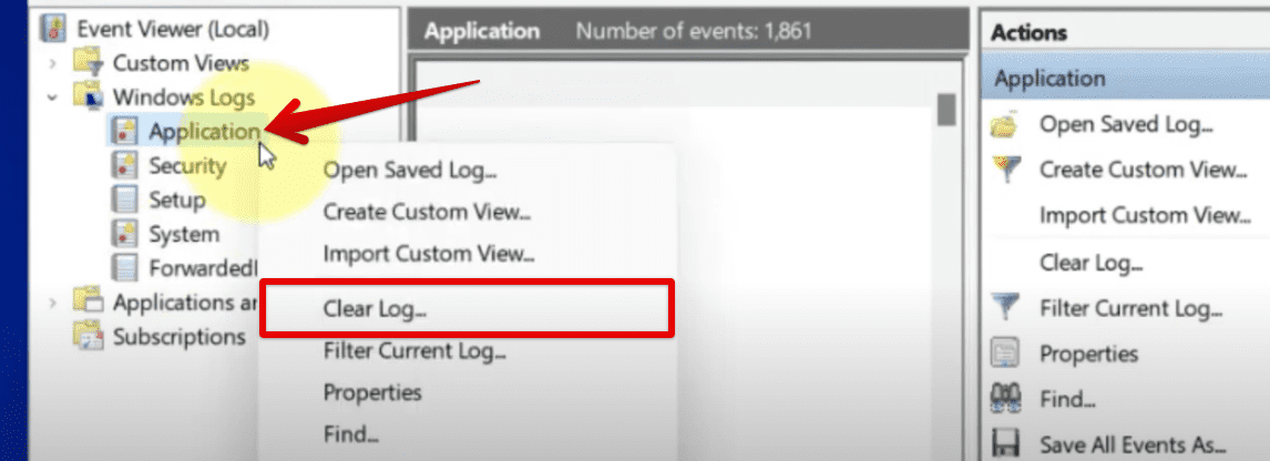 Clearing the "Application" log file on Windows 11