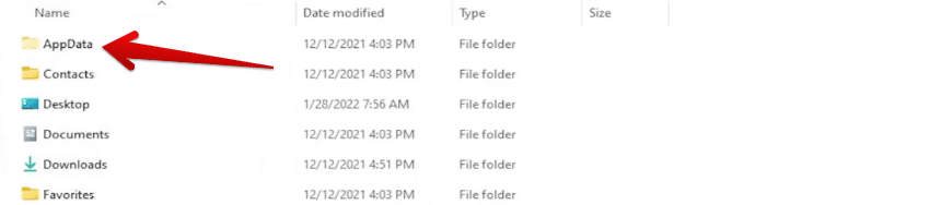 Clicking on the "AppData" folder