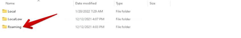 Clicking on the "Roaming" folder