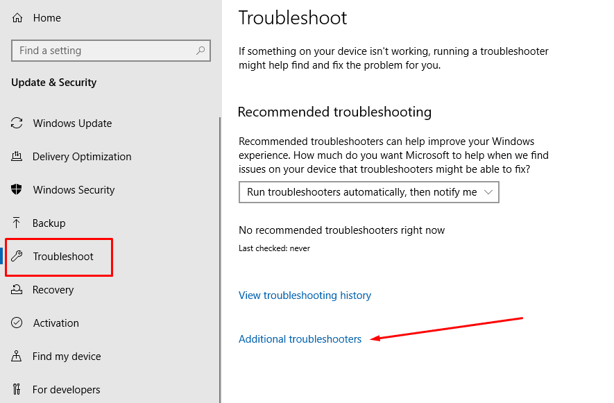 Selecting "Additional troubleshooters"