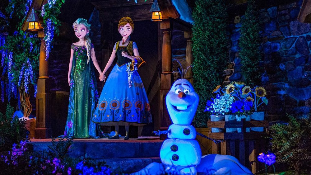anna elsa and olaf stand in the frozen ever after attraction