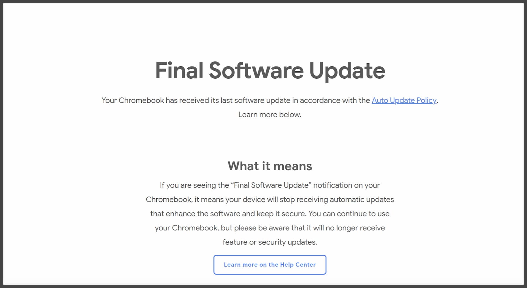Chromebook Final Software Update Notification