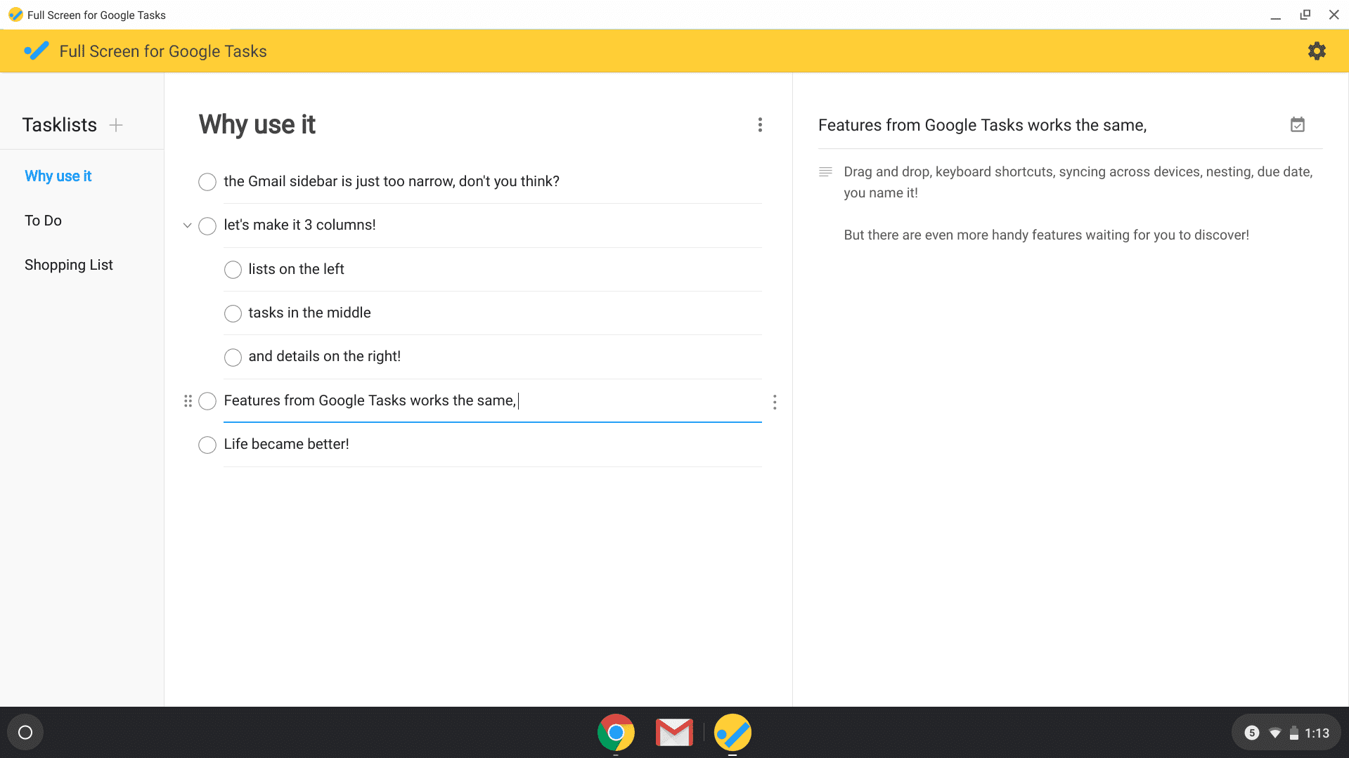 Google Tasks Full-screen Mode
