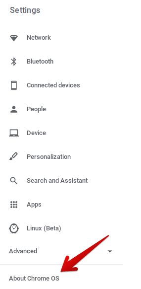 Clicking on "About Chrome OS"