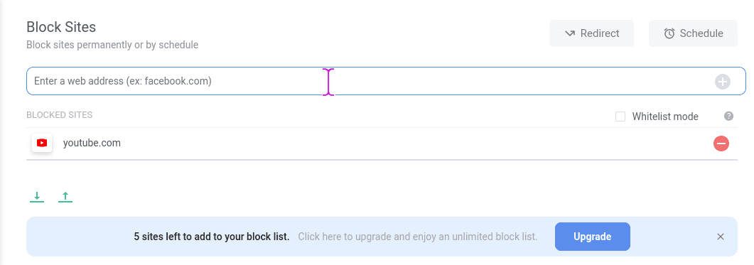 YouTube Blocked Using BlockSite's Interface