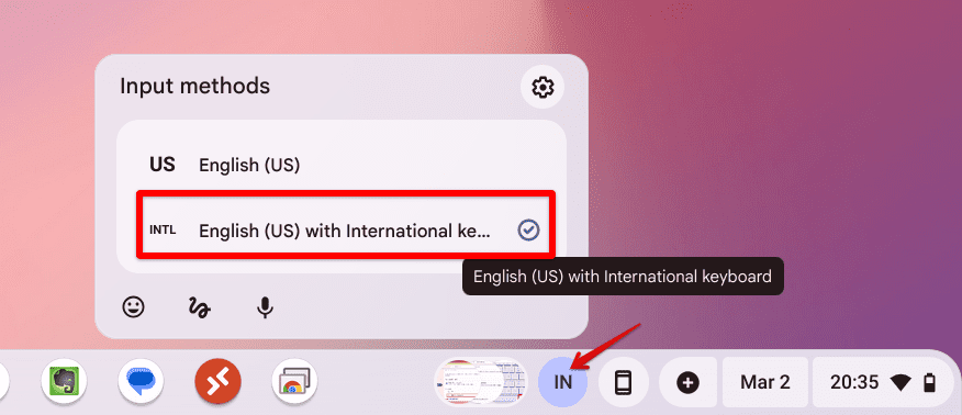 selecting internation keyboard from chromeos status bar