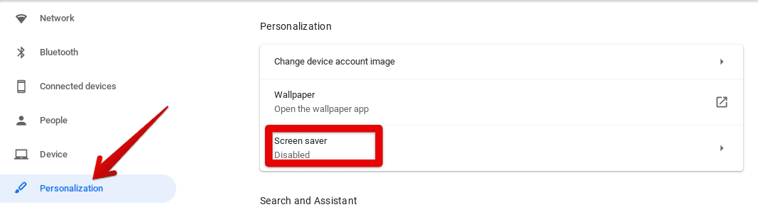 Accessing the "Screen saver" Settings