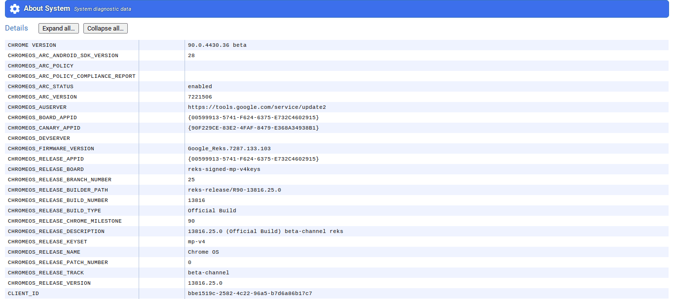 Chrome OS About System Page