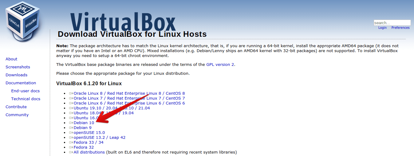 Selecting Debian 10 For Installing VirtualBox
