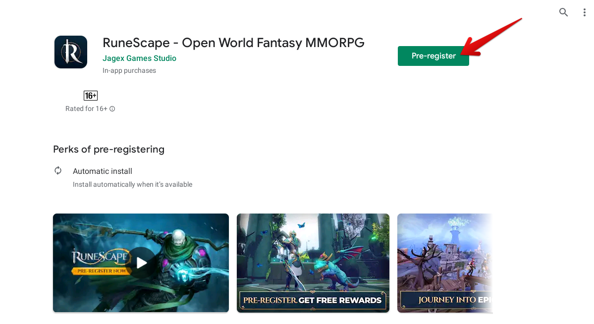 Pre-Registering for RuneScape on the Google Play Store