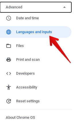 Clicking on "Languages and input"