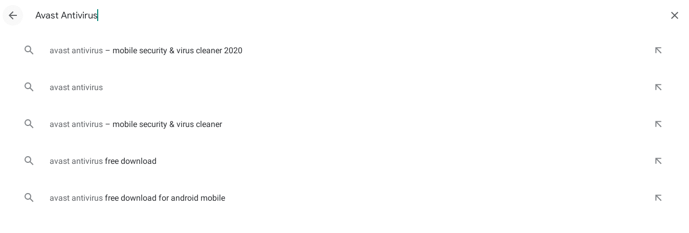 Searching for Avast Antivirus on the Google Play Store
