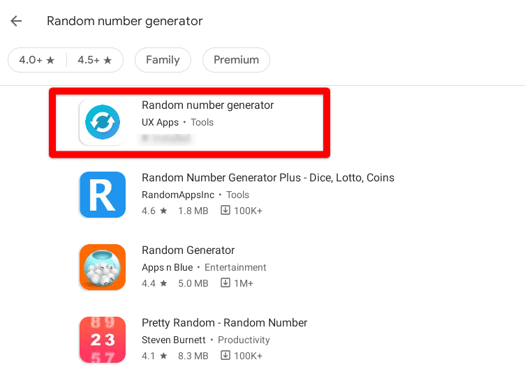 Choosing the "Random number generator" app