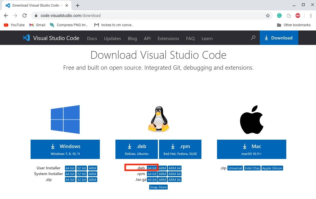 downloading vs code from their official download page
