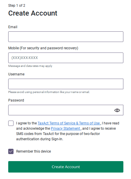 Creating an account on TaxAct