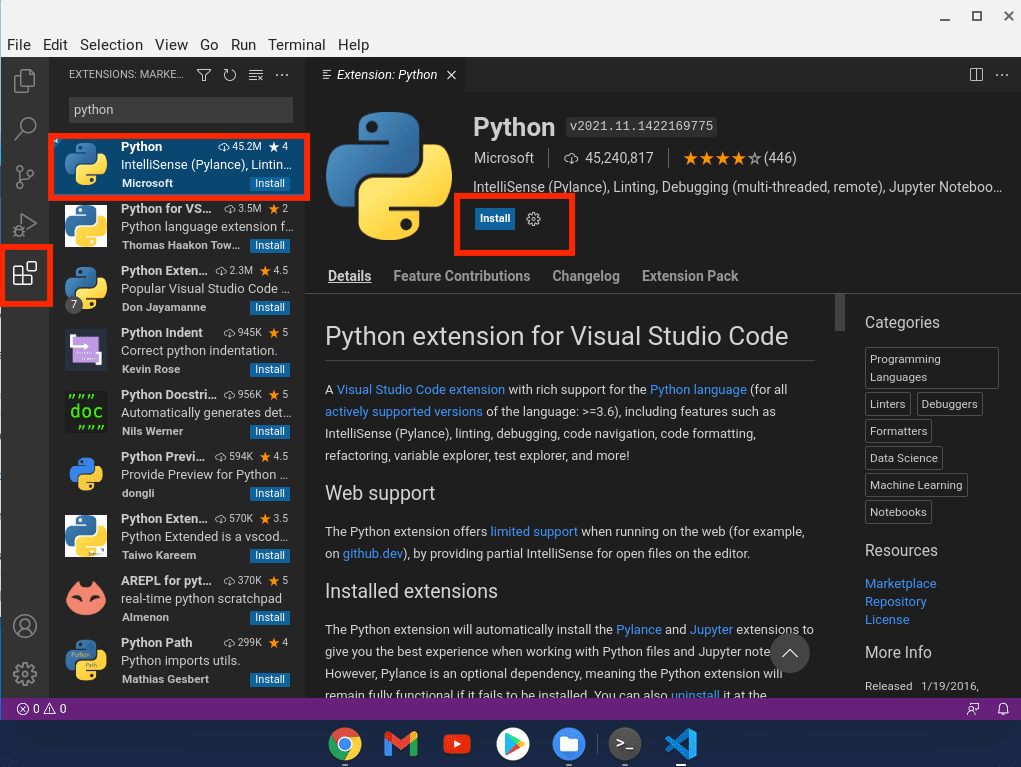 search for python extension and install it