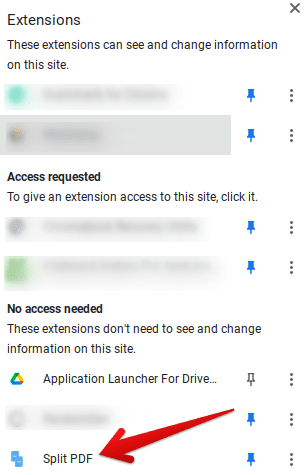 Split PDF extension installed