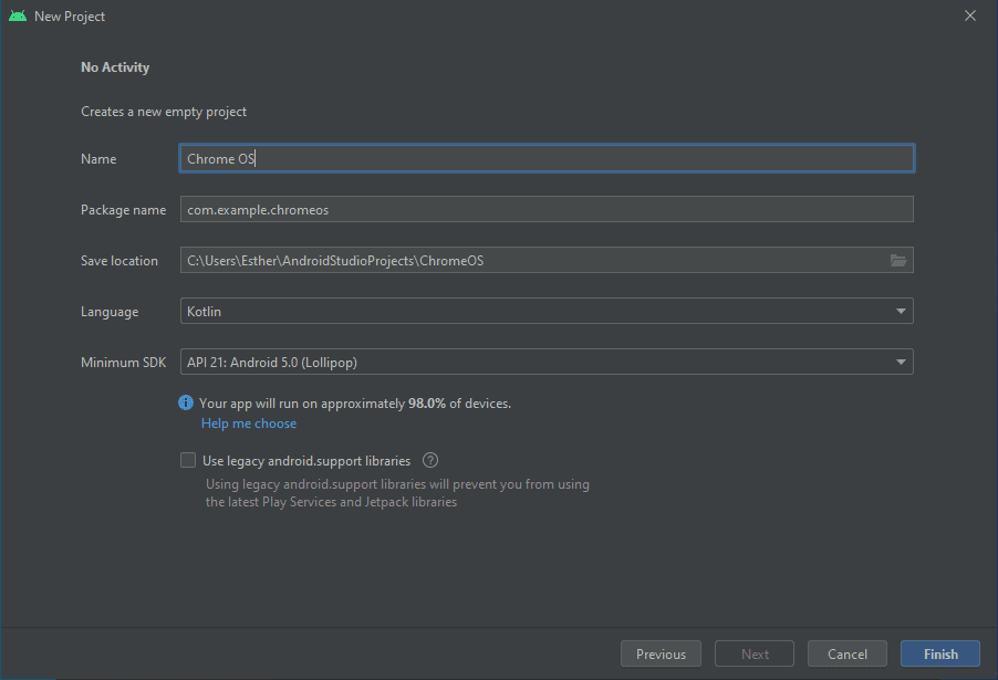 android studio creating a new project