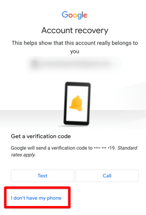 Clicking on "I don't have my phone"