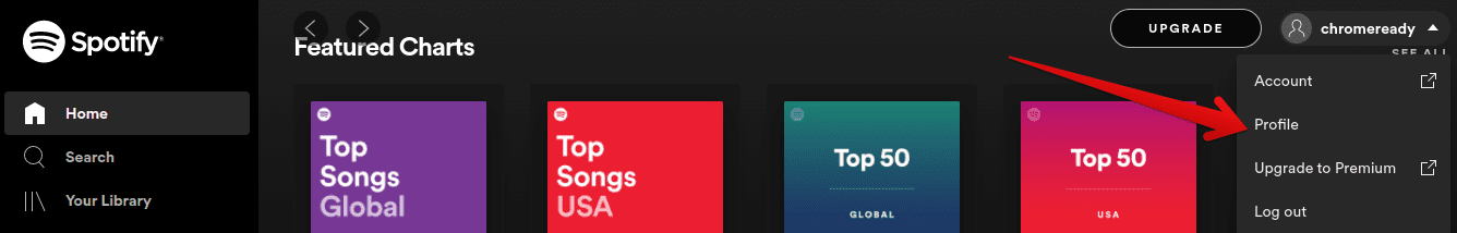 Clicking on "Profile" below the Spotify display name