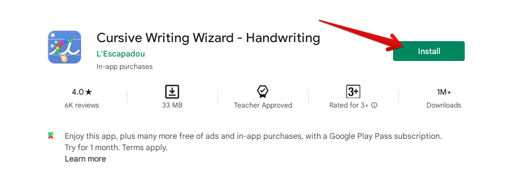Clicking on the "Install" button for Cursive Writing Wizard