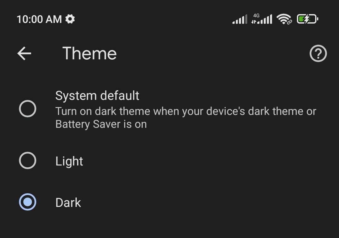 Selecting Dark Theme