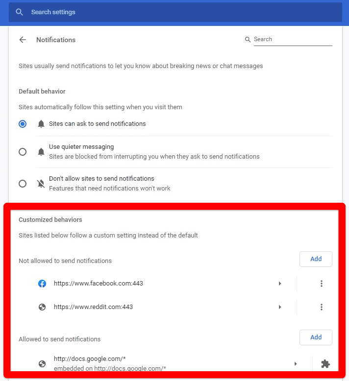 Customized Behaviors Section