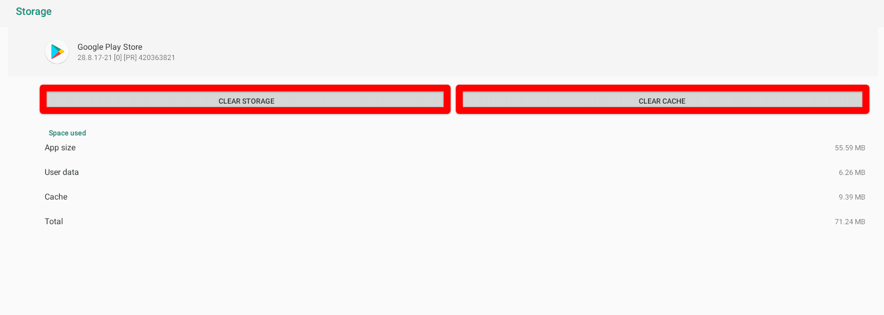 Clearing the storage and cache of Google Play