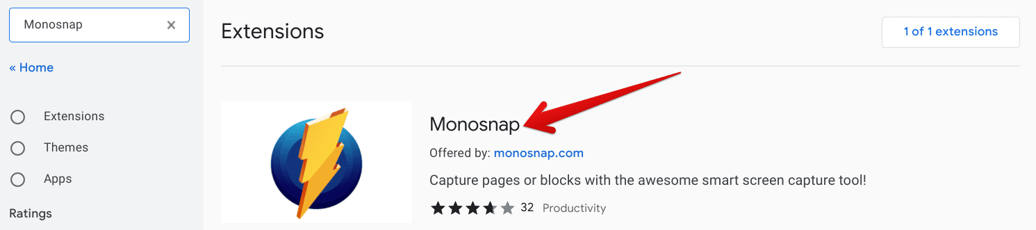 Clicking on the Monosnap extension search result