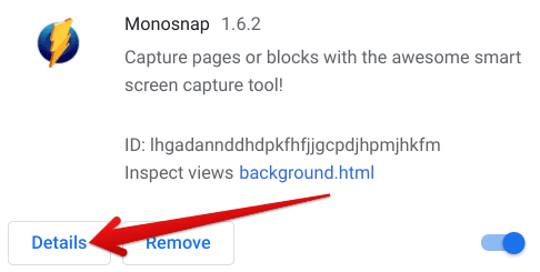 Clicking on the details of the Monosnap extension