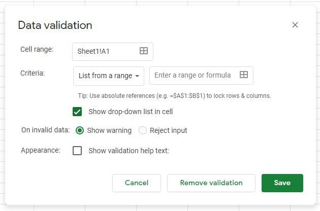 Data validation window