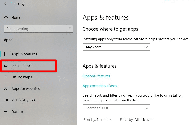 Default apps tab