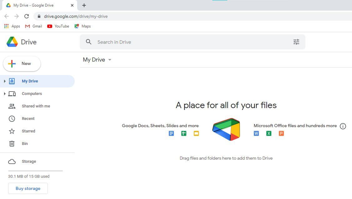 Google Drive homepage